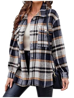 Laseily Women's Brushed Plaid Shirts Long Sleeve Flannel Lapel Button Down Pocketed Shacket Jacket Coats