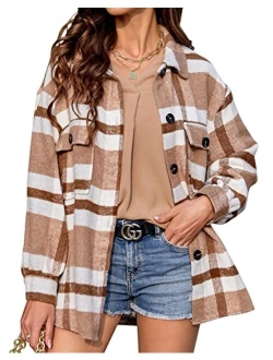 Laseily Women's Brushed Plaid Shirts Long Sleeve Flannel Lapel Button Down Pocketed Shacket Jacket Coats