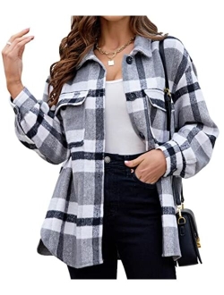 Laseily Women's Brushed Plaid Shirts Long Sleeve Flannel Lapel Button Down Pocketed Shacket Jacket Coats