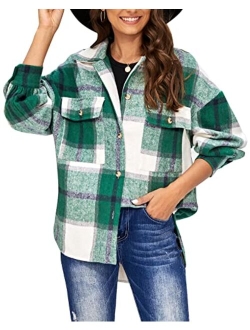 Laseily Women's Brushed Plaid Shirts Long Sleeve Flannel Lapel Button Down Pocketed Shacket Jacket Coats