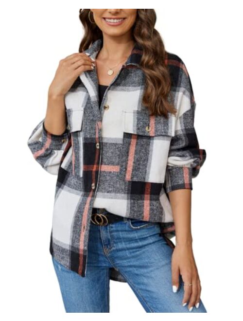 Laseily Women's Brushed Plaid Shirts Long Sleeve Flannel Lapel Button Down Pocketed Shacket Jacket Coats