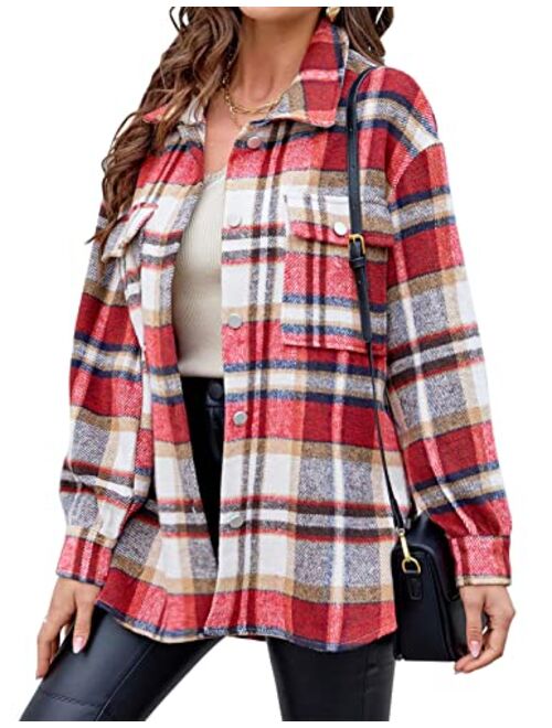 Laseily Women's Brushed Plaid Shirts Long Sleeve Flannel Lapel Button Down Pocketed Shacket Jacket Coats