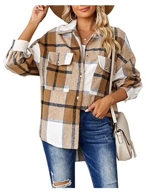 Laseily Women's Brushed Plaid Shirts Long Sleeve Flannel Lapel Button Down Pocketed Shacket Jacket Coats