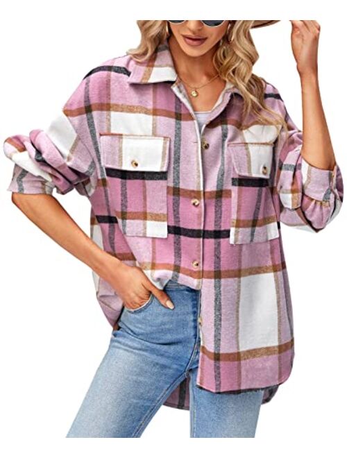 Laseily Women's Brushed Plaid Shirts Long Sleeve Flannel Lapel Button Down Pocketed Shacket Jacket Coats