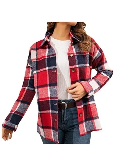 AAZJSS Shacket Jacket Women Plaid Long Sleeve Shirts Flannel Lapel Button Down Casual Tartan Coats Fall Boyfriend Blouse