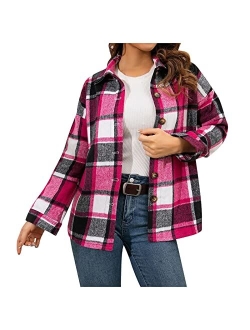 AAZJSS Shacket Jacket Women Plaid Long Sleeve Shirts Flannel Lapel Button Down Casual Tartan Coats Fall Boyfriend Blouse