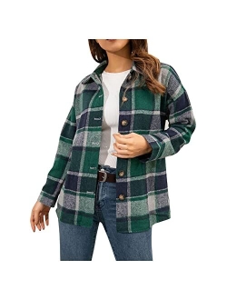 AAZJSS Shacket Jacket Women Plaid Long Sleeve Shirts Flannel Lapel Button Down Casual Tartan Coats Fall Boyfriend Blouse