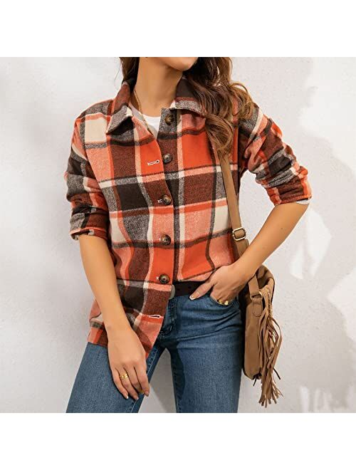 AAZJSS Shacket Jacket Women Plaid Long Sleeve Shirts Flannel Lapel Button Down Casual Tartan Coats Fall Boyfriend Blouse