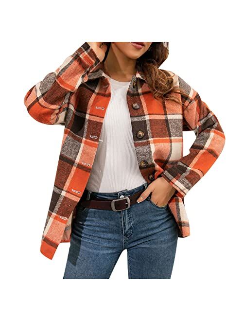 AAZJSS Shacket Jacket Women Plaid Long Sleeve Shirts Flannel Lapel Button Down Casual Tartan Coats Fall Boyfriend Blouse