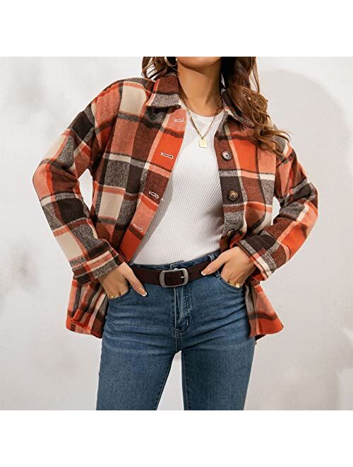 AAZJSS Shacket Jacket Women Plaid Long Sleeve Shirts Flannel Lapel Button Down Casual Tartan Coats Fall Boyfriend Blouse