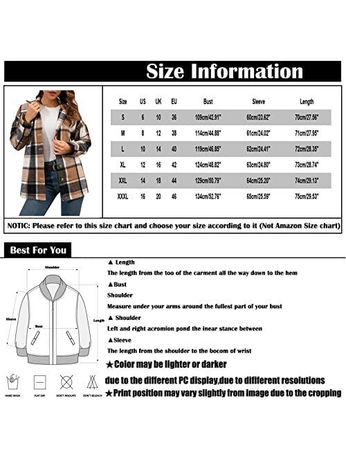 AAZJSS Shacket Jacket Women Plaid Long Sleeve Shirts Flannel Lapel Button Down Casual Tartan Coats Fall Boyfriend Blouse