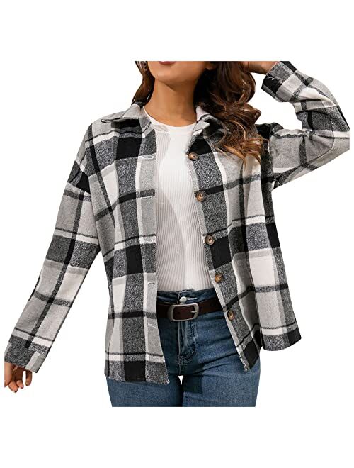 AAZJSS Shacket Jacket Women Plaid Long Sleeve Shirts Flannel Lapel Button Down Casual Tartan Coats Fall Boyfriend Blouse