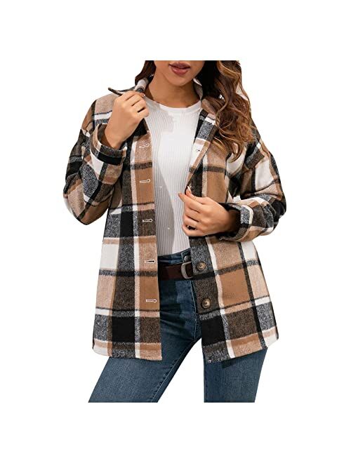 AAZJSS Shacket Jacket Women Plaid Long Sleeve Shirts Flannel Lapel Button Down Casual Tartan Coats Fall Boyfriend Blouse