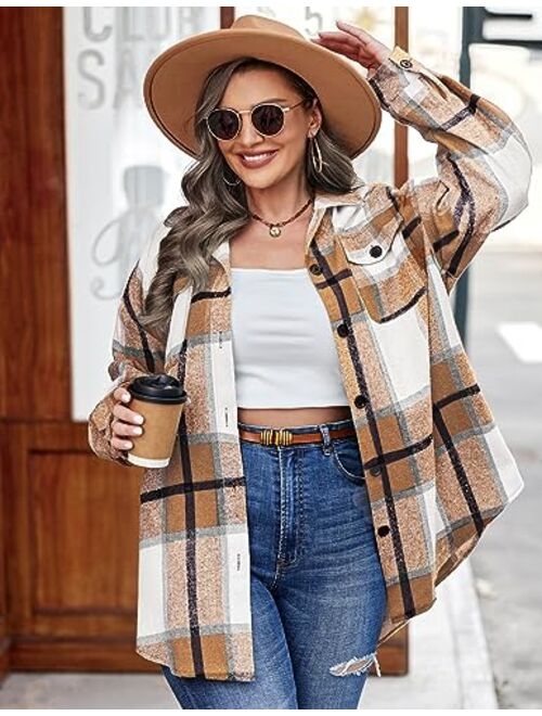 IN'VOLAND Womens Plus Size Casual Plaid Shacket Button Down Long Sleeve Flannel Shirt Short Jacket 16W-26W