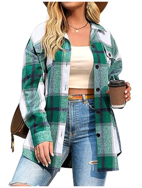 IN'VOLAND Womens Plus Size Casual Plaid Shacket Button Down Long Sleeve Flannel Shirt Short Jacket 16W-26W