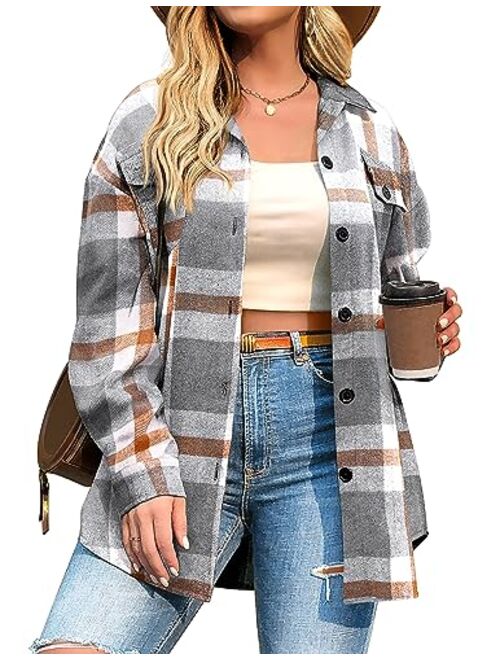 IN'VOLAND Womens Plus Size Casual Plaid Shacket Button Down Long Sleeve Flannel Shirt Short Jacket 16W-26W