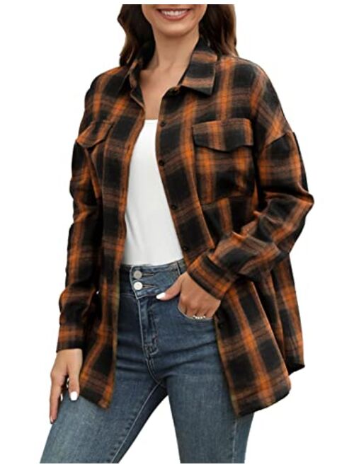 Bozanly Womens Flannel Plaid Shirts Oversized Long Sleeve Button Down Shacket Blouse Tops