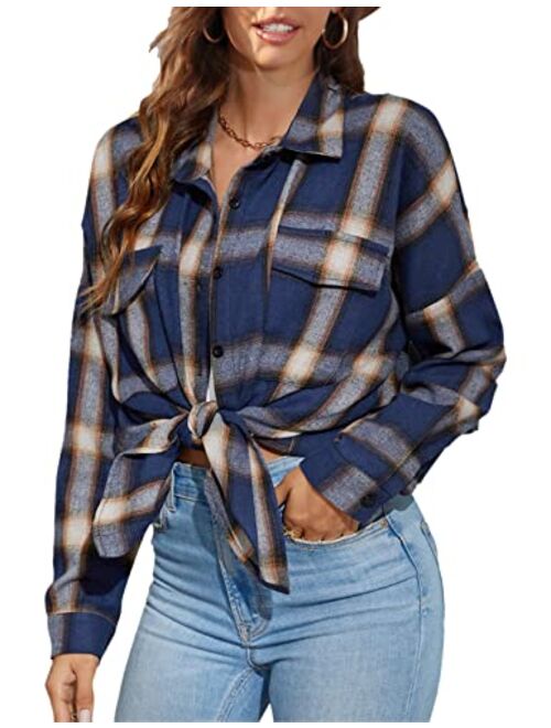 Bozanly Womens Flannel Plaid Shirts Oversized Long Sleeve Button Down Shacket Blouse Tops