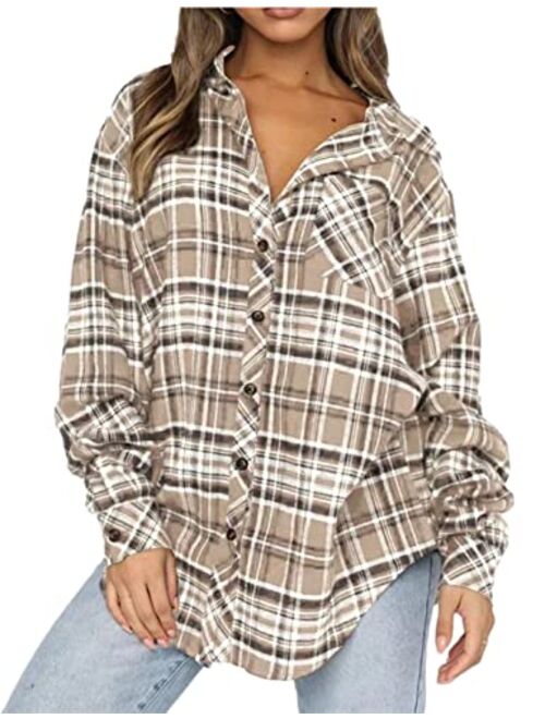 Bozanly Womens Flannel Plaid Shirts Oversized Long Sleeve Button Down Shacket Blouse Tops