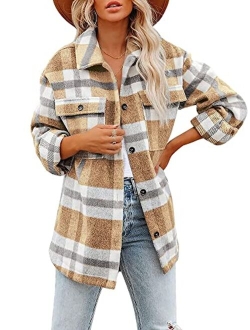 Meceku Womens Flannel Plaid Shirts Long Sleeve Button Down Blouses Oversized Casual Shacket with Pockets