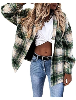 Meceku Womens Flannel Plaid Shirts Long Sleeve Button Down Blouses Oversized Casual Shacket with Pockets