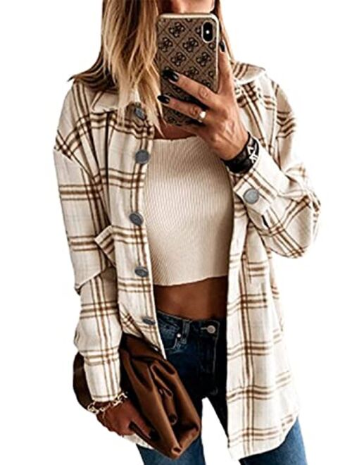 Meceku Womens Flannel Plaid Shirts Long Sleeve Button Down Blouses Oversized Casual Shacket with Pockets