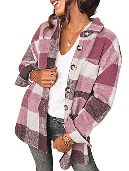 Meceku Womens Flannel Plaid Shirts Long Sleeve Button Down Blouses Oversized Casual Shacket with Pockets