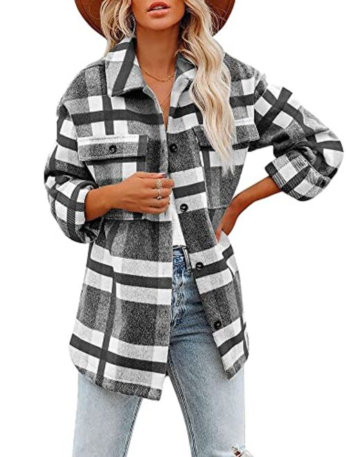 Meceku Womens Flannel Plaid Shirts Long Sleeve Button Down Blouses Oversized Casual Shacket with Pockets