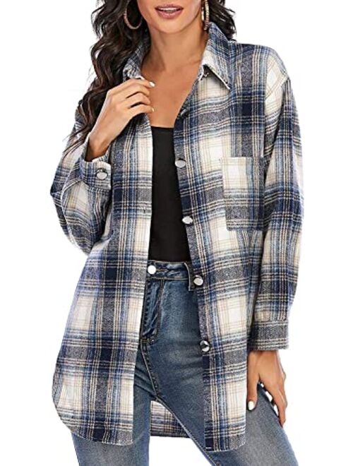 Meceku Womens Flannel Plaid Shirts Long Sleeve Button Down Blouses Oversized Casual Shacket with Pockets