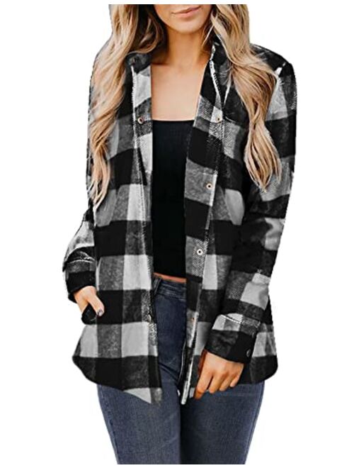 Meceku Womens Flannel Plaid Shirts Long Sleeve Button Down Blouses Oversized Casual Shacket with Pockets