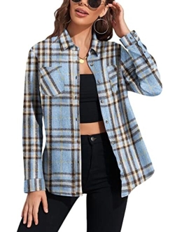 KevaMolly Plaid Long Sleeve Flannel Shirts for Women Loose Fit Boyfriend Button Down Shirt Casual Flannel Blouse Tops