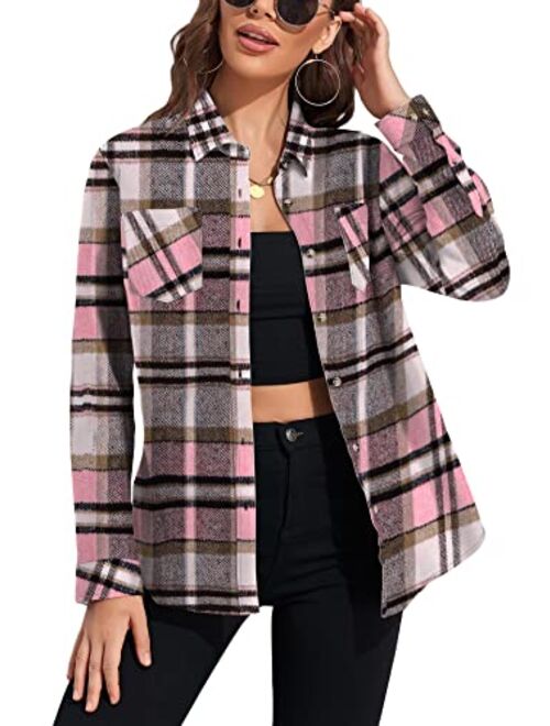 KevaMolly Plaid Long Sleeve Flannel Shirts for Women Loose Fit Boyfriend Button Down Shirt Casual Flannel Blouse Tops