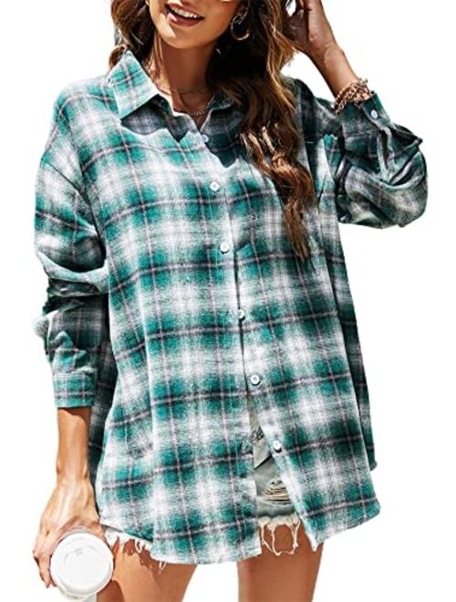 KevaMolly Plaid Long Sleeve Flannel Shirts for Women Loose Fit Boyfriend Button Down Shirt Casual Flannel Blouse Tops