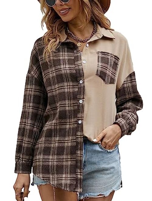 KevaMolly Plaid Long Sleeve Flannel Shirts for Women Loose Fit Boyfriend Button Down Shirt Casual Flannel Blouse Tops