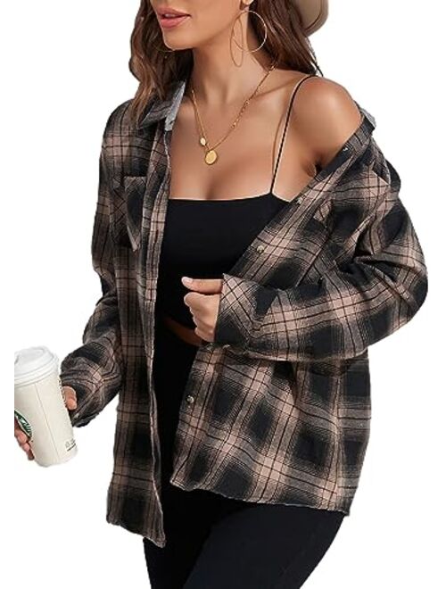 KevaMolly Plaid Long Sleeve Flannel Shirts for Women Loose Fit Boyfriend Button Down Shirt Casual Flannel Blouse Tops