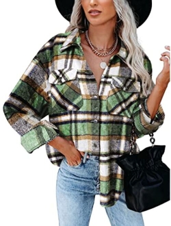 BTFBM Women Corduroy Shacket Jacket 2023 Long Sleeve Button Down Casual Plaid Flannel Shirts Boyfriend Fall Blouses Tops