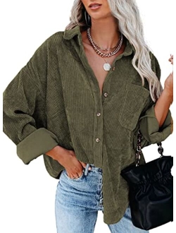 BTFBM Women Corduroy Shacket Jacket 2023 Long Sleeve Button Down Casual Plaid Flannel Shirts Boyfriend Fall Blouses Tops