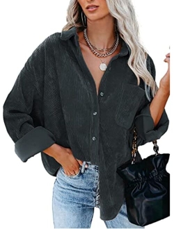 BTFBM Women Corduroy Shacket Jacket 2023 Long Sleeve Button Down Casual Plaid Flannel Shirts Boyfriend Fall Blouses Tops