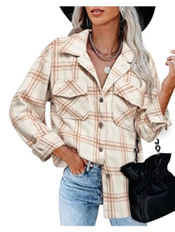 BTFBM Women Corduroy Shacket Jacket 2023 Long Sleeve Button Down Casual Plaid Flannel Shirts Boyfriend Fall Blouses Tops