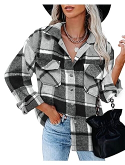 BTFBM Women Corduroy Shacket Jacket 2023 Long Sleeve Button Down Casual Plaid Flannel Shirts Boyfriend Fall Blouses Tops