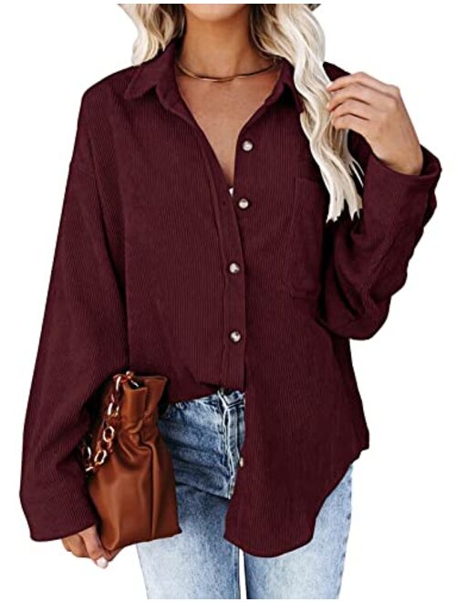 BTFBM Women Corduroy Shacket Jacket 2023 Long Sleeve Button Down Casual Plaid Flannel Shirts Boyfriend Fall Blouses Tops