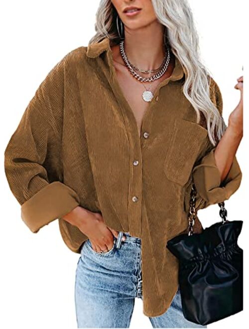 BTFBM Women Corduroy Shacket Jacket 2023 Long Sleeve Button Down Casual Plaid Flannel Shirts Boyfriend Fall Blouses Tops