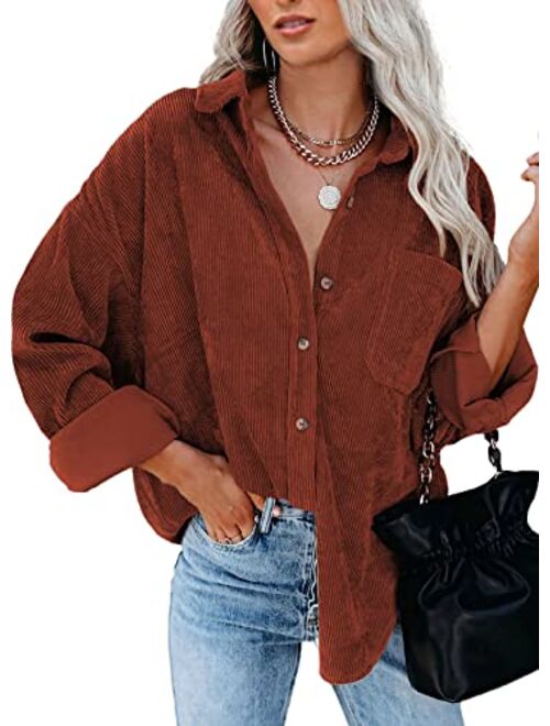 BTFBM Women Corduroy Shacket Jacket 2023 Long Sleeve Button Down Casual Plaid Flannel Shirts Boyfriend Fall Blouses Tops