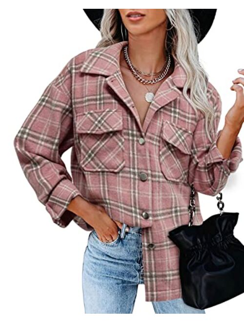 BTFBM Women Corduroy Shacket Jacket 2023 Long Sleeve Button Down Casual Plaid Flannel Shirts Boyfriend Fall Blouses Tops