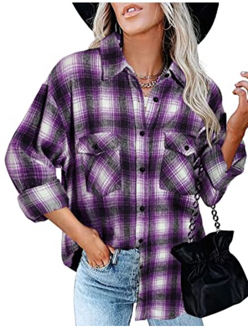 BTFBM Women Corduroy Shacket Jacket 2023 Long Sleeve Button Down Casual Plaid Flannel Shirts Boyfriend Fall Blouses Tops