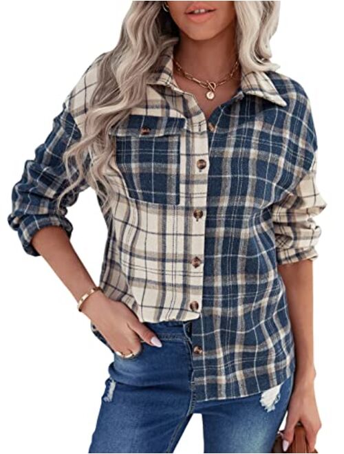 chouyatou Women's Casual Color-Block Button Down Loose Plaid Flannel Shirt Shacket