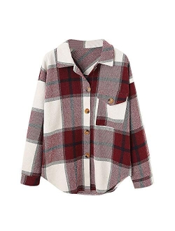 Womens Flannel Shacket Jacket Casual Plaid Wool Blend Button Down Long Sleeve Shirt 2023 Fall Clothes