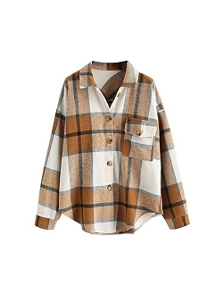 Womens Flannel Shacket Jacket Casual Plaid Wool Blend Button Down Long Sleeve Shirt 2023 Fall Clothes