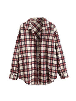 Womens Flannel Shacket Jacket Casual Plaid Wool Blend Button Down Long Sleeve Shirt 2023 Fall Clothes