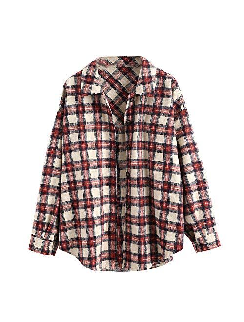 ZAFUL Womens Flannel Shacket Jacket Casual Plaid Wool Blend Button Down Long Sleeve Shirt 2023 Fall Clothes